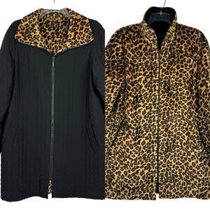 PORTRAIT | Black Quilted Reversible Leopard Print Plush Midi Coat | Women's XL‎